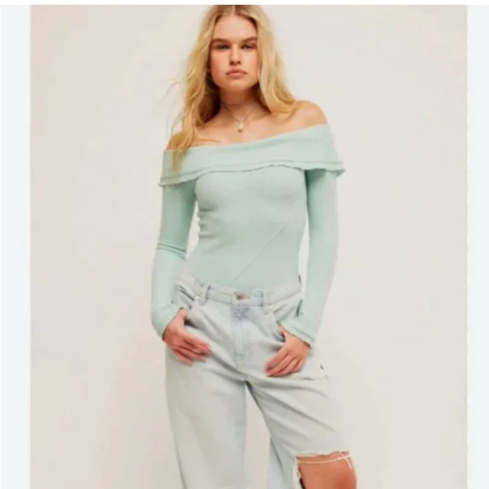 Free People Light Green Off-Shoulder Sweater